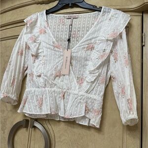 BCBGeneration White Eyelet Peplum Blouse with Pink Floral Print